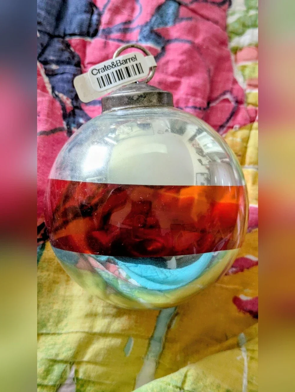 Set of 5 Crate & Barrel Vintage Mercury Glass Ornaments – Red Stripe Metal Hang